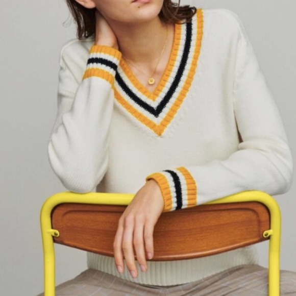Maje Sweaters - Maje Meteo Banded Stripe Collegiate Wool Blend Sweater Ecru 1 S